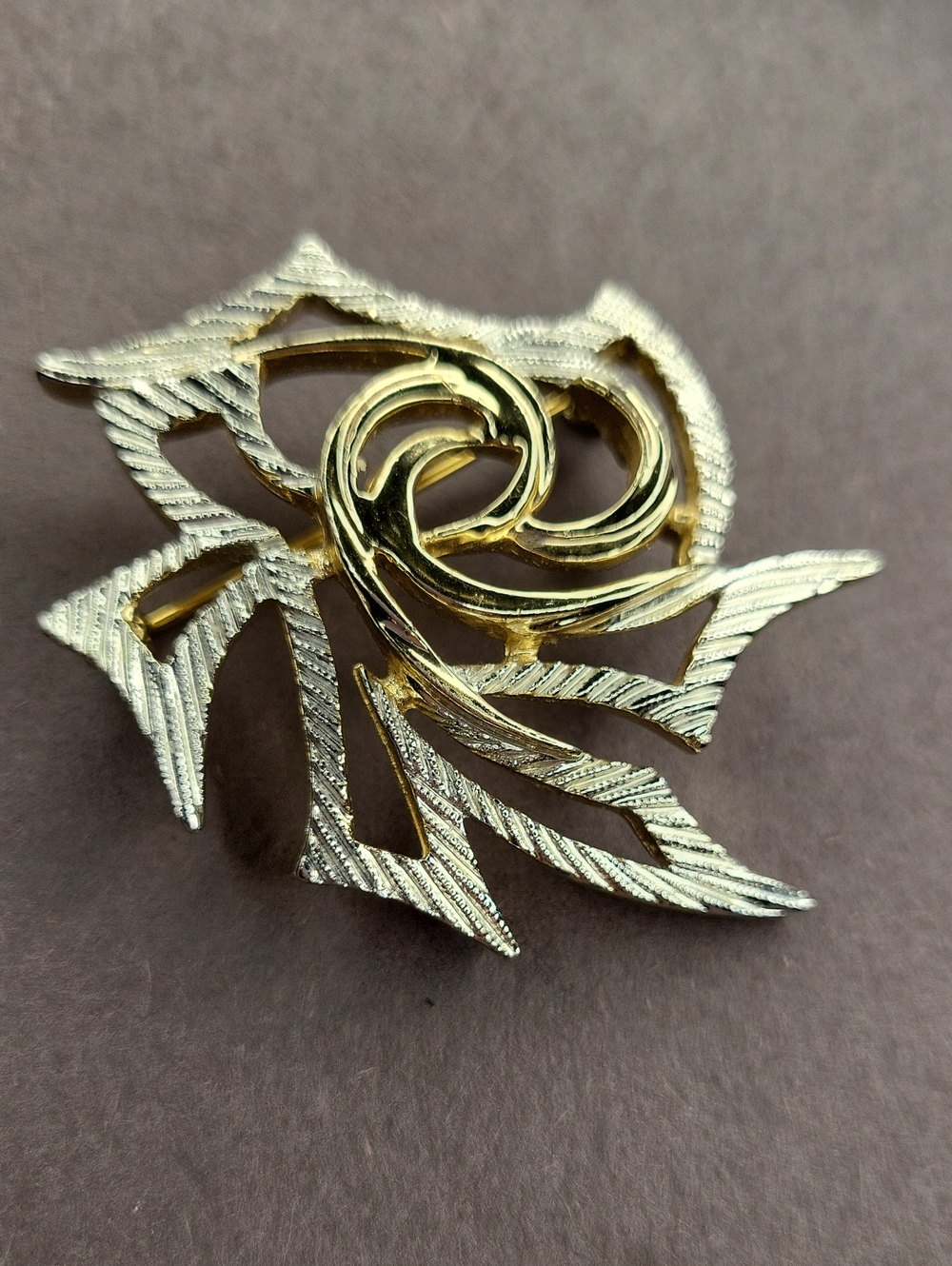 Sarah Coventry Two-Tone Leaf Brooch with Polished Swirl